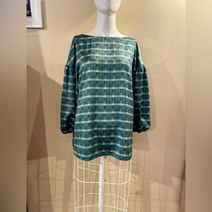 Hutch Green Plaid Silk Feel puffy sleeve blouse Sz Lg